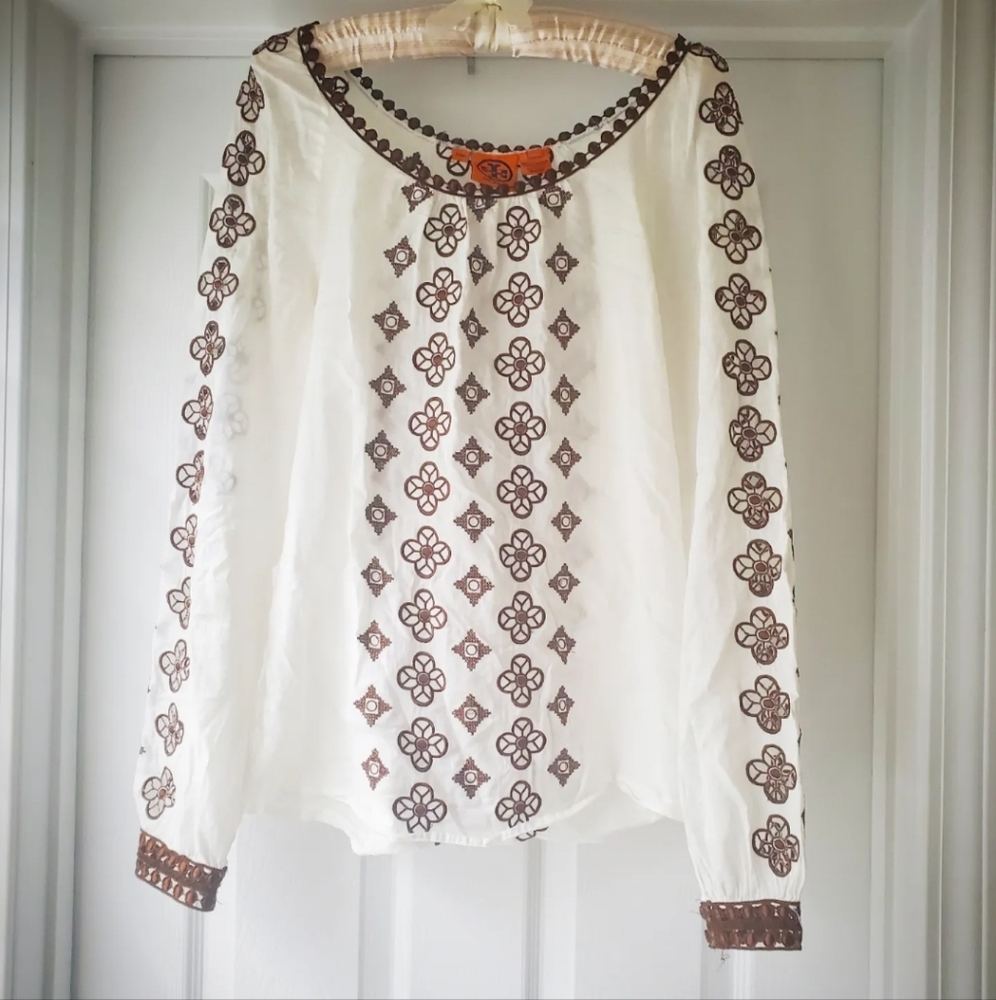 Tory Burch tunic, Size 6, White cotton with brown stitched embellishments